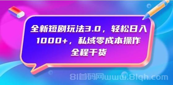 全新短剧玩法3.0，轻松日入1000+，私域零成本操作，全程干货