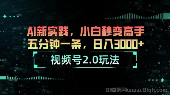 视频号2.0玩法 AI新实践，小白秒变高手五分钟一条，日入3000+