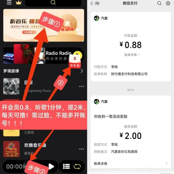 汽震音乐零撸：听歌赚钱新体验，每天保底2元！