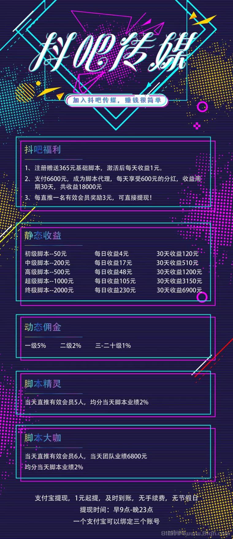 首码上线【抖吧传媒】注册就送365元基础脚本,抖音脚本自动挂机,1元起提秒到账,