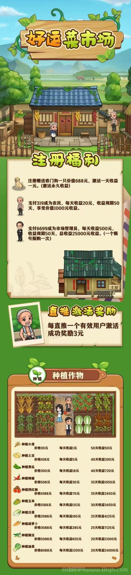 好运菜市场19号首码：注册送688元每天分红1元，1元起提秒到，20级裂变1%躺赚