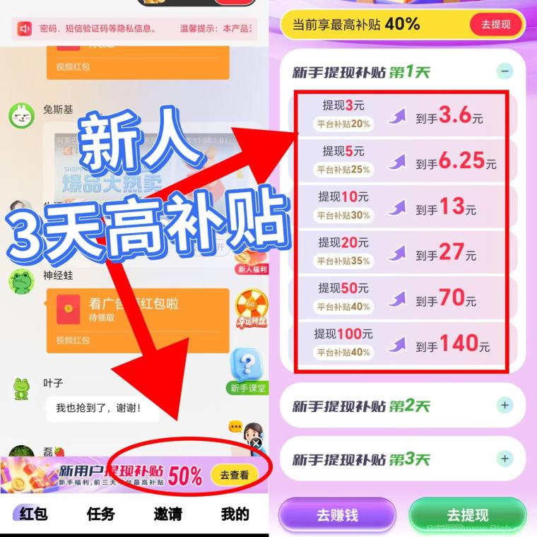 时时赚今天新台子上线：新人3天高补贴优先玩优先推广，看广告至高6600满1元提现