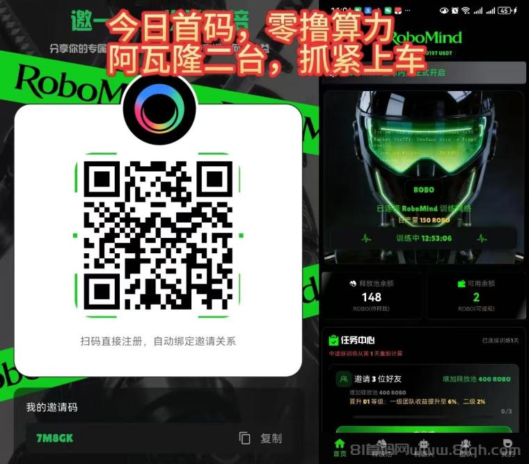 全网首发0撸每天秒赚【ROBO】零门槛参与每天领算力 ！