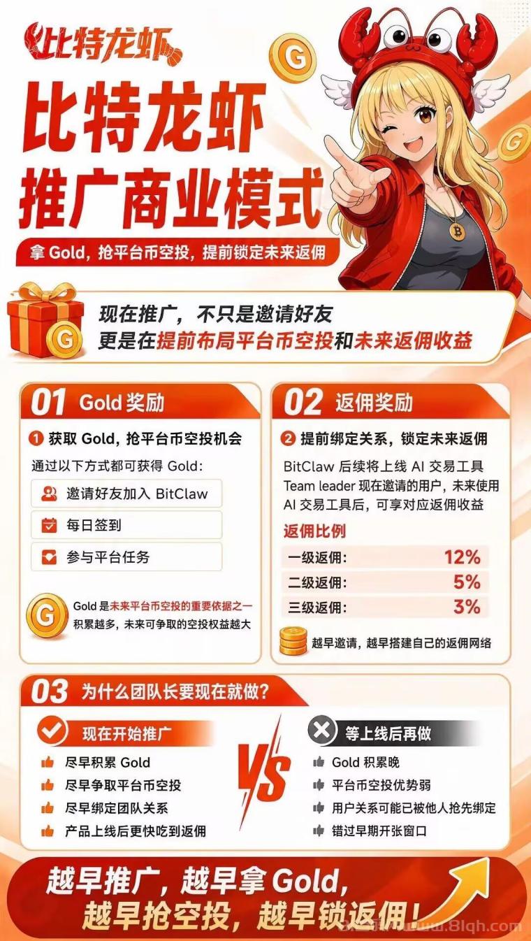零撸党狂喜！比特龙虾公测：注册送100Gold，签到换平台b，这波白嫖不亏