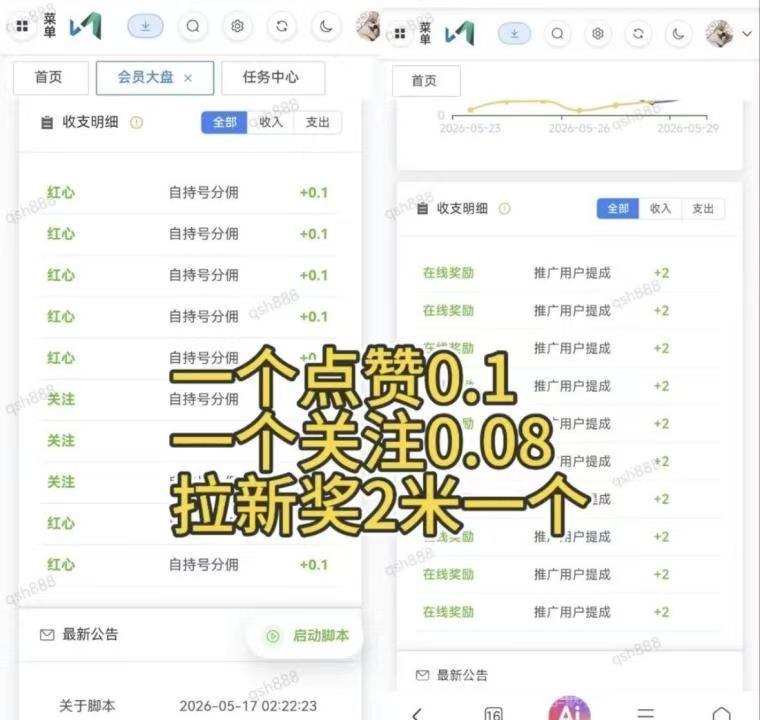 斗音小红薯挂机：全自动点赞挂机自带科技零手动，新用户登录直接提5米拉人再奖5米